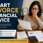 Person reviewing divorce financial advice with documents and calculator