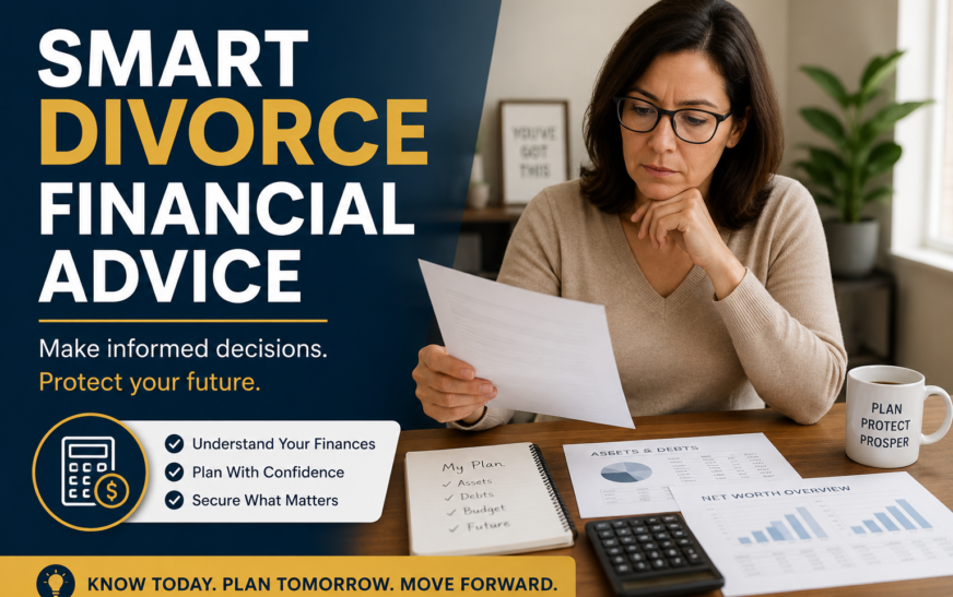 Person reviewing divorce financial advice with documents and calculator