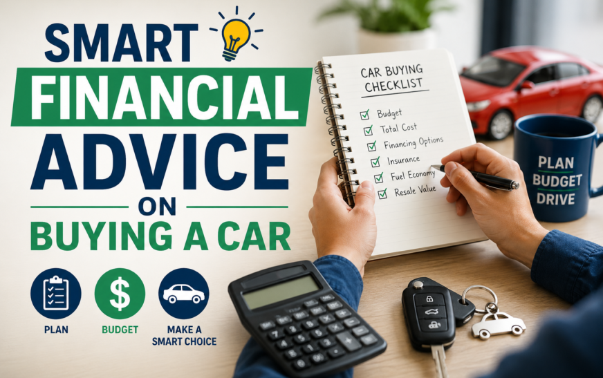 Person reviewing financial advice on buying a car with calculator and car keys