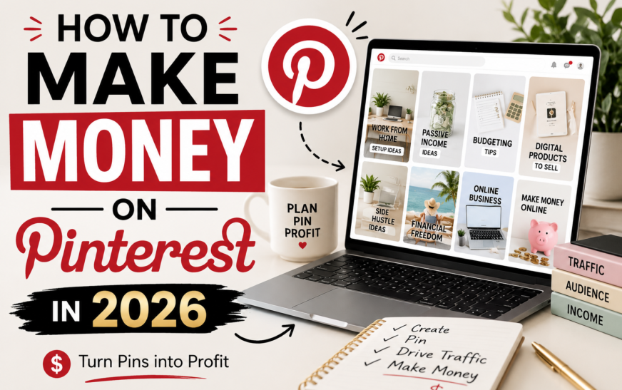 Woman using laptop and smartphone learning how to make money on Pinterest