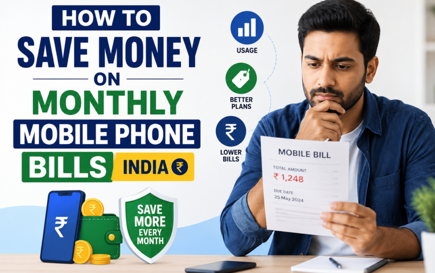 Person reviewing mobile bill learning how to save money on monthly mobile phone bills