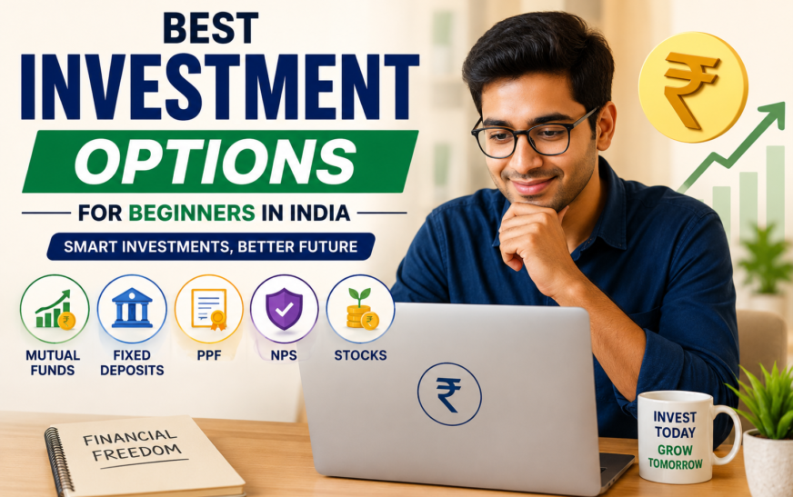 Indian investor learning investment options for beginners in India with laptop and rupee icons